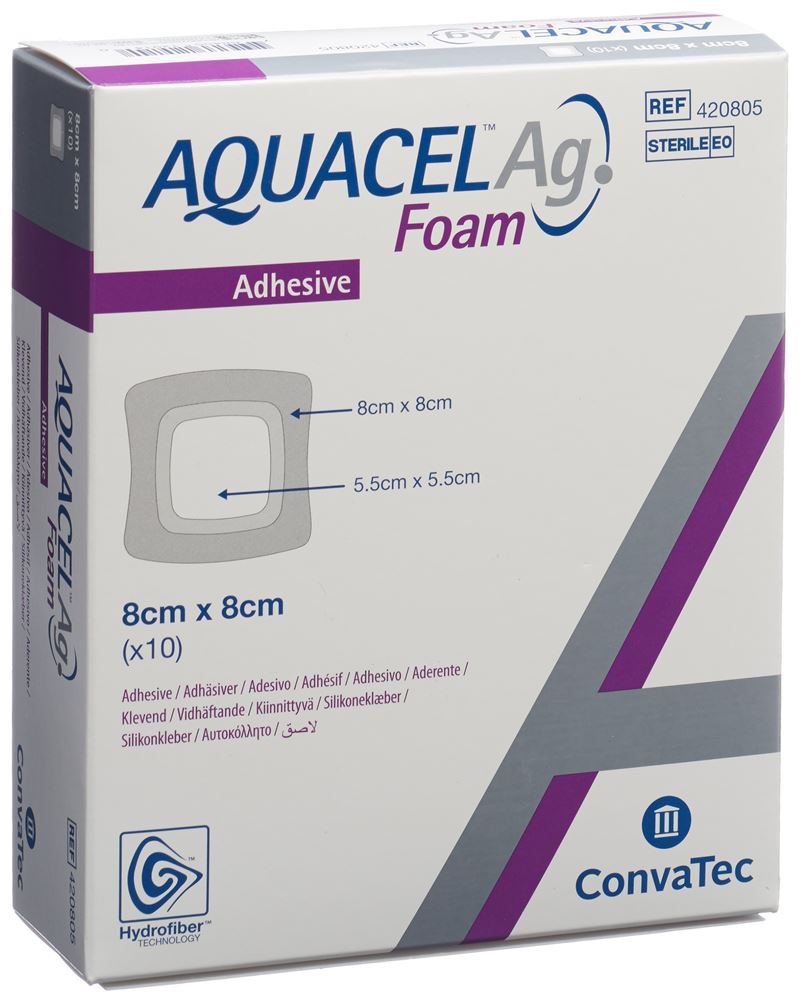 AQUACEL Ag Foam adhäsiv 8x8cm 10 Stk