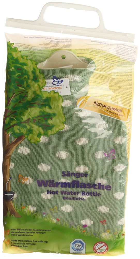 SÄNGER Wärmflasche 2l Strickbezug grün Punkte