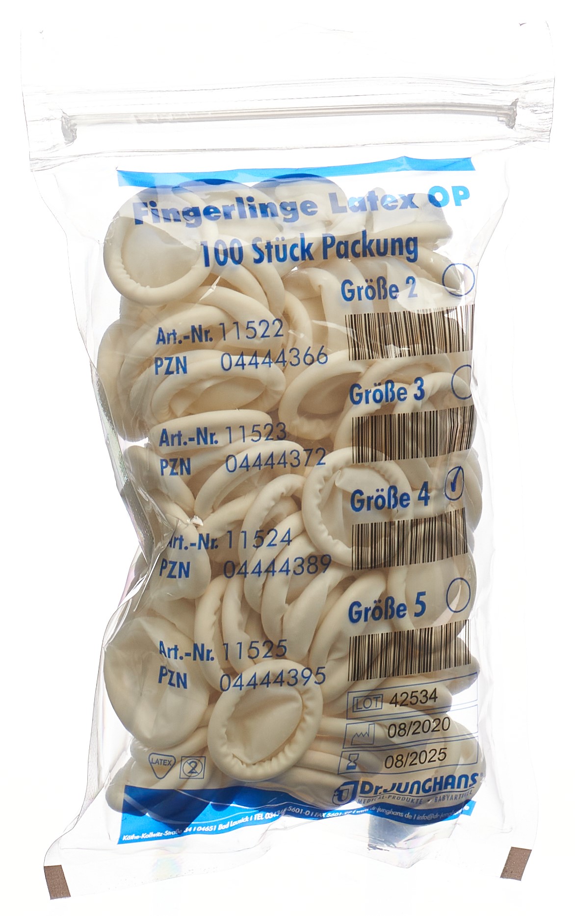 DR. JUNGHANS Fingerlinge Latex Gr4 puderfr 100 Stk