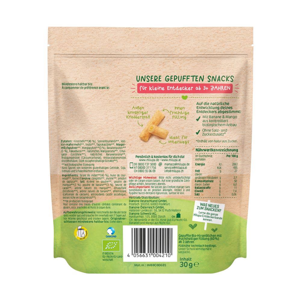 MILUPA Bio Knusperröllchen Banane Mango 3+ 30 g