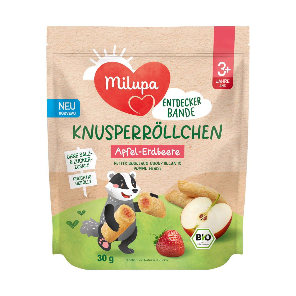 MILUPA Bio Knusperröllchen Apfel Erdbeere 3+ 30 g