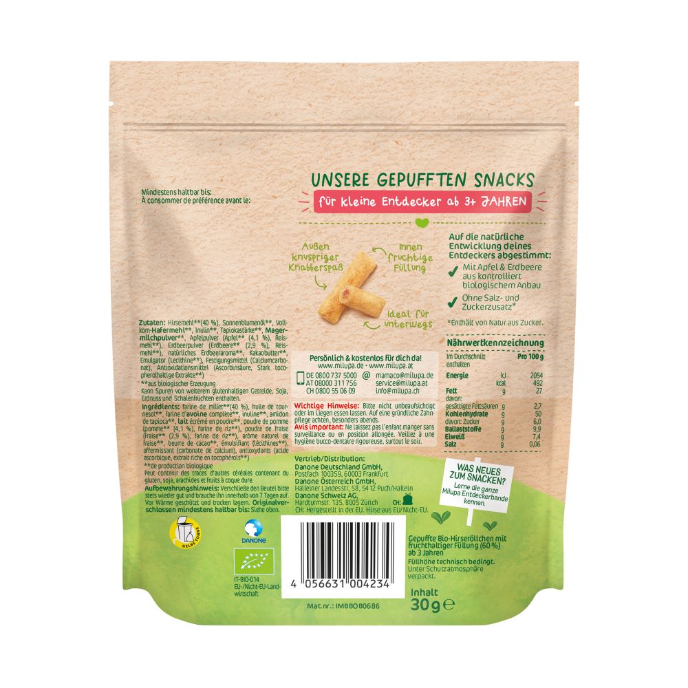 MILUPA Bio Knusperröllchen Apfel Erdbeere 3+ 30 g