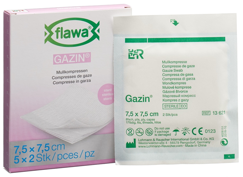 FLAWA Gazin Mullkompres 7.5x7.5cm steril 5 x 2 Stk