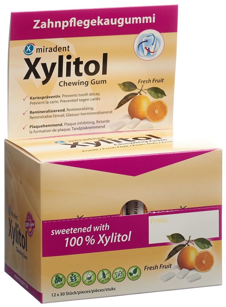 MIRADENT Xylitol Kaugummi Frucht 12 x 30 Stk