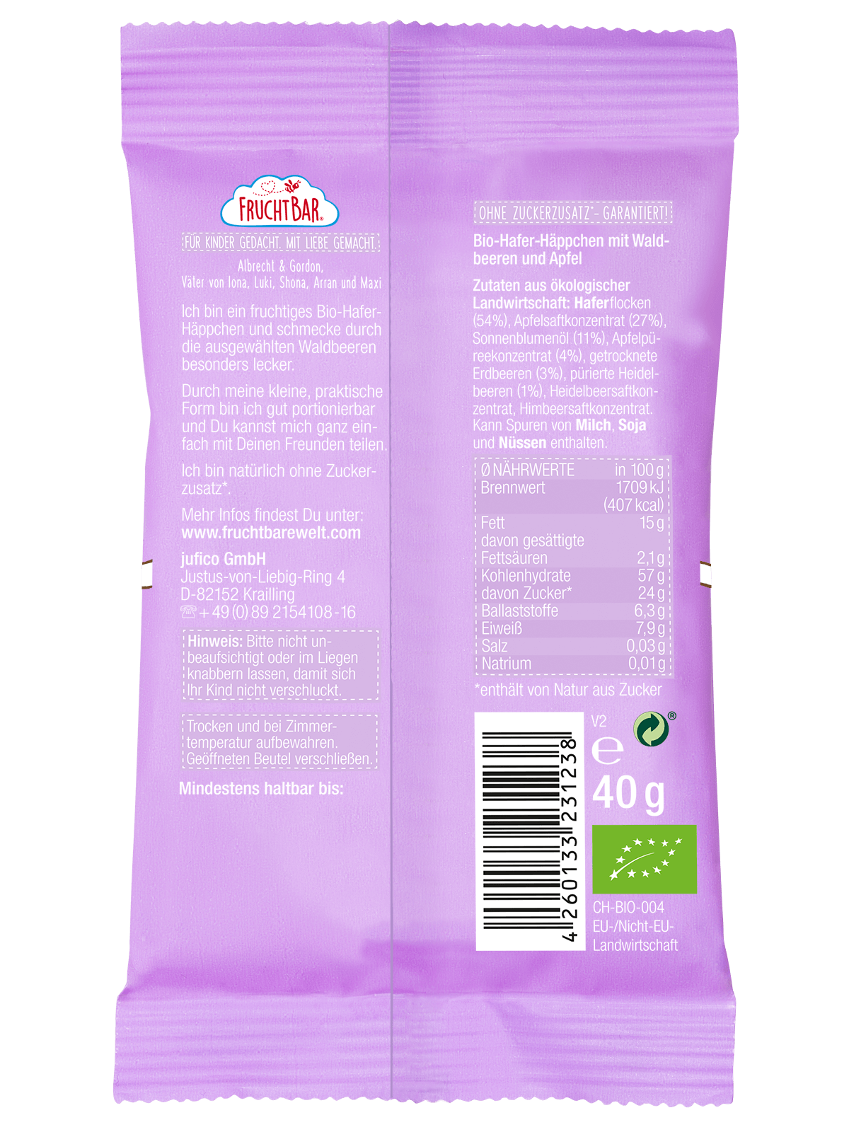 FRUCHTBAR Hafer Häppchen Bio Waldb Apf Hafer 40 g
