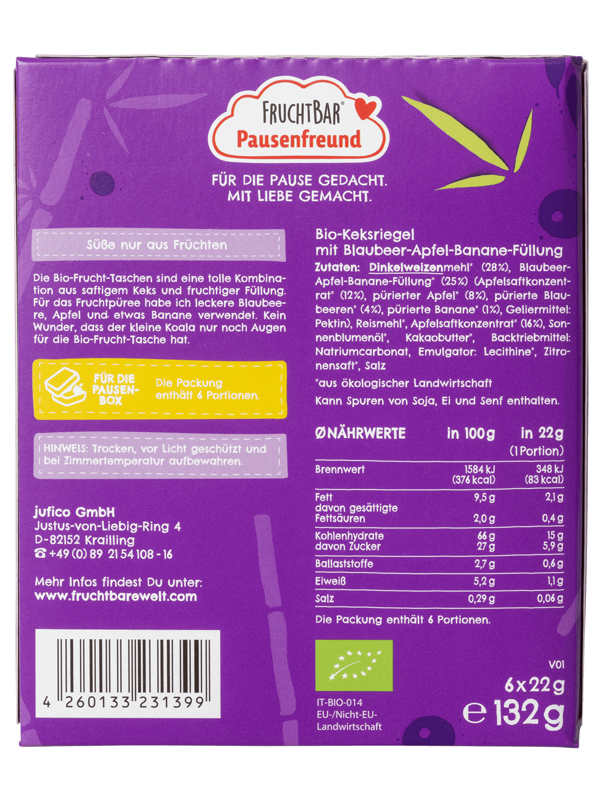 FRUCHTBAR Frucht Tasche Bio Dink Blaub Ap 6 x 22 g