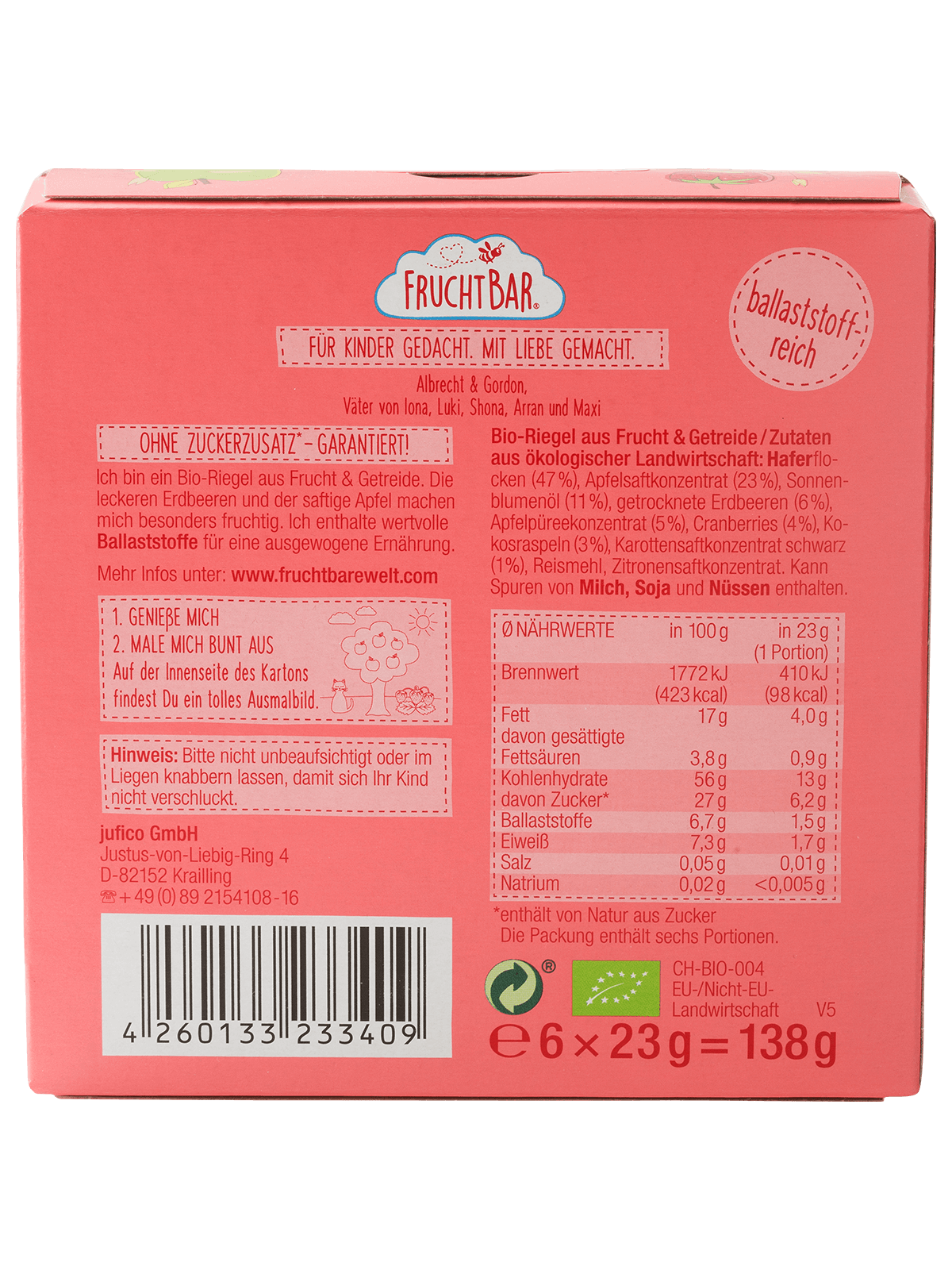 FRUCHTBAR Riegel Bio Erdbeere Apfel Hafer 6 x 23 g