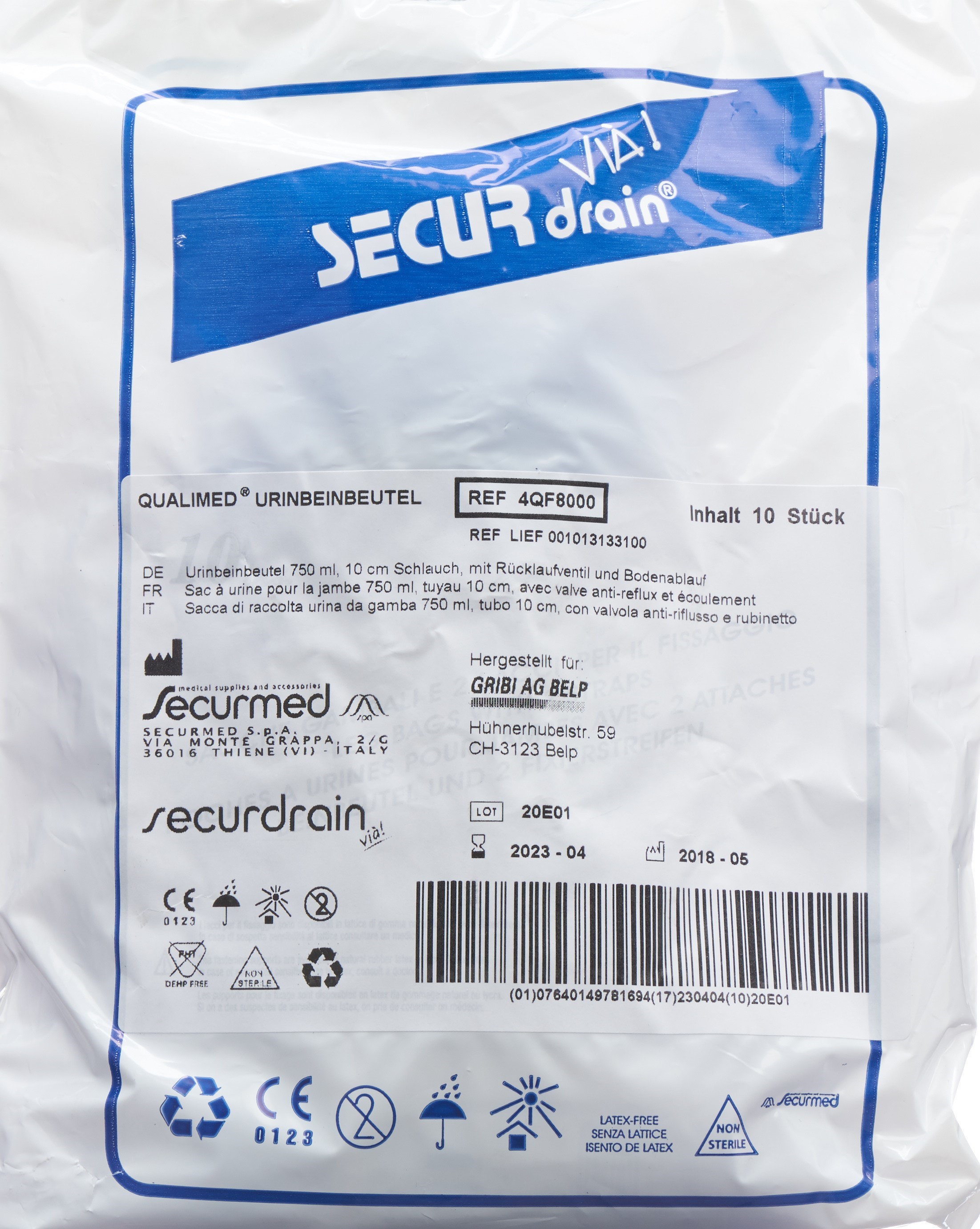 QUALIMED Urinbeutel 750ml 10cm RV Abl 10 Stk