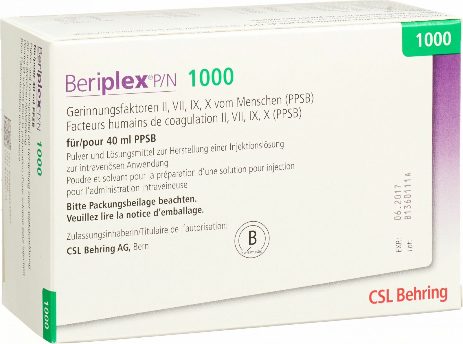 Beriplex P/N 1000, Pulver und Lösungsmittel zur Herstellung einer Injektionslösung