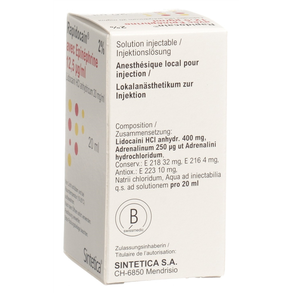 RAPIDOCAIN 20 mg/ml + Epin 12.5 mcg/ml vial 20 ml