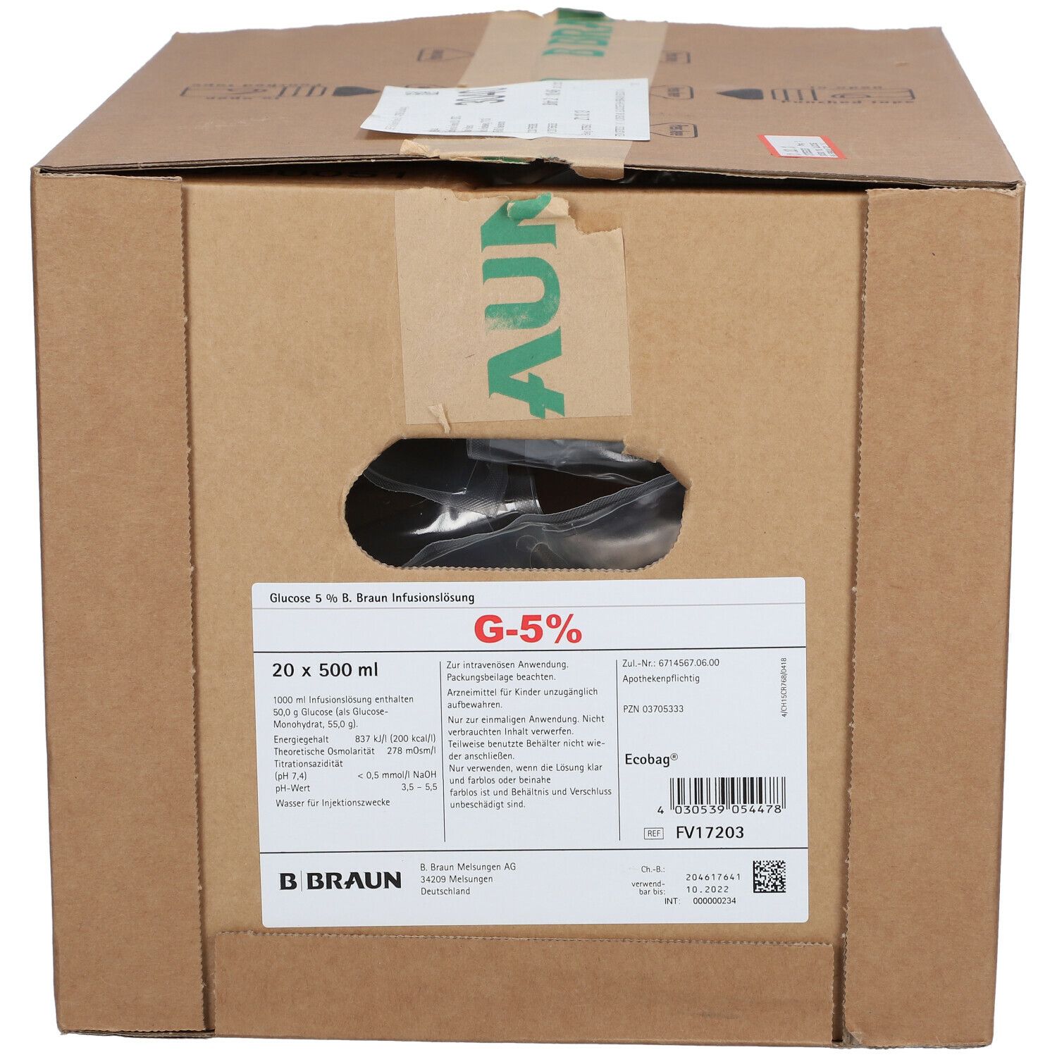 GLUC Braun sol perf 5 % 250 in 500ml Ecobag 30 pce