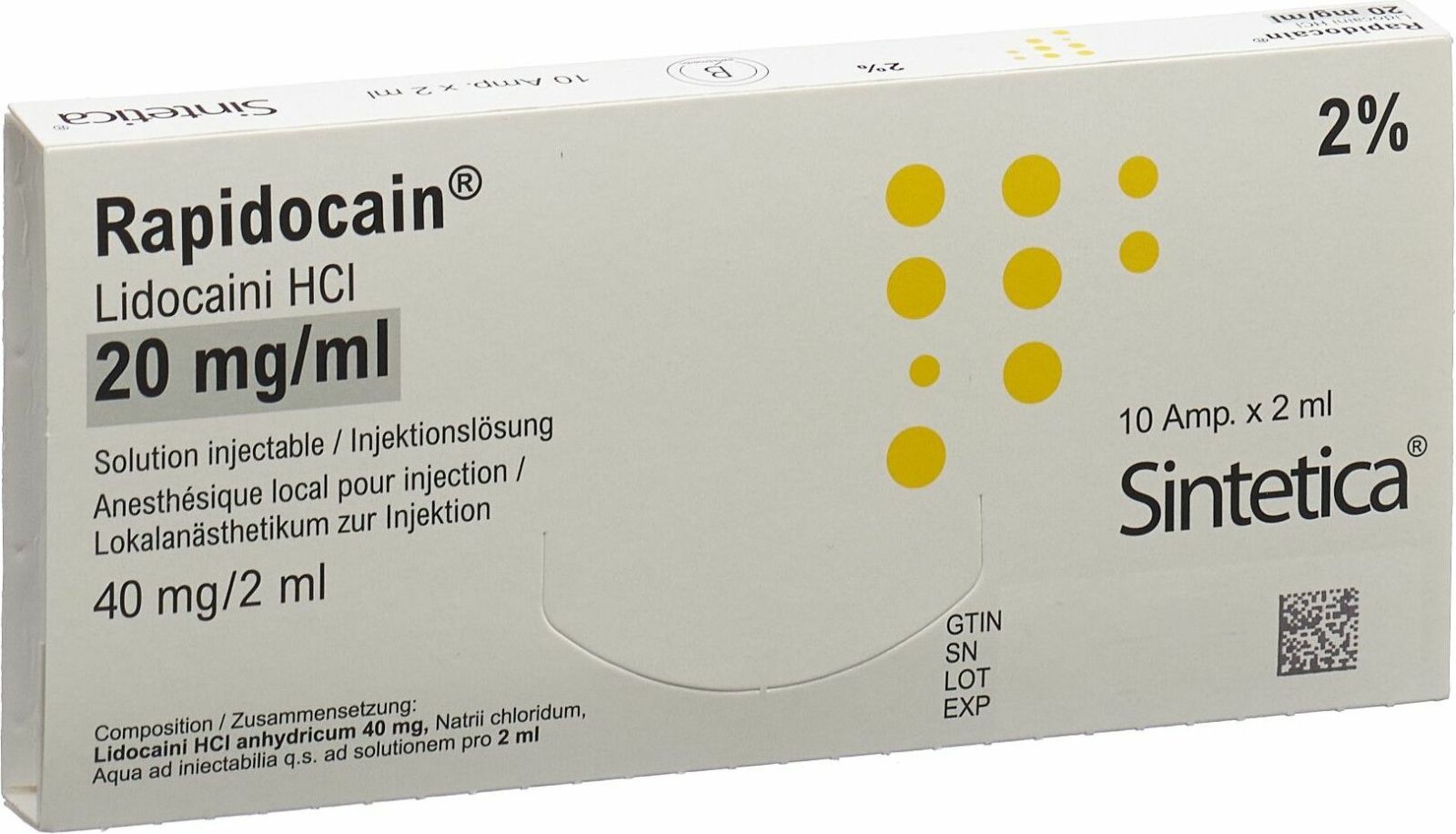RAPIDOCAIN 40 mg/2ml s cons 10 amp 2 ml