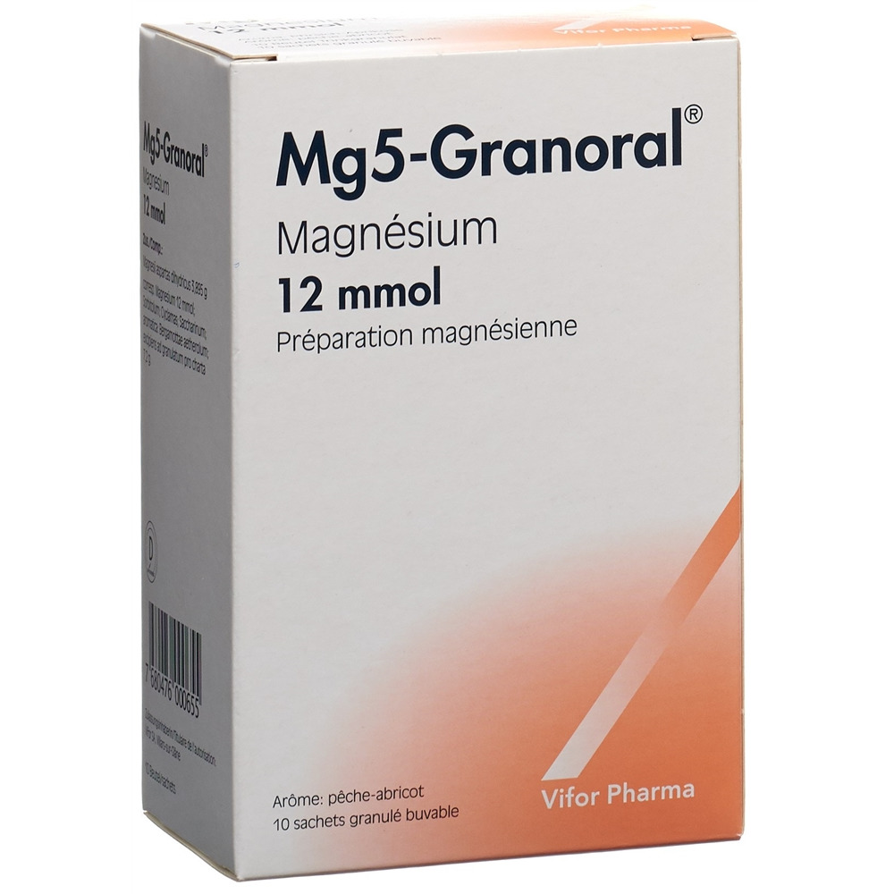 Mg 5-Granoral 12mmol arôme pêche-abricot, granulé buvable