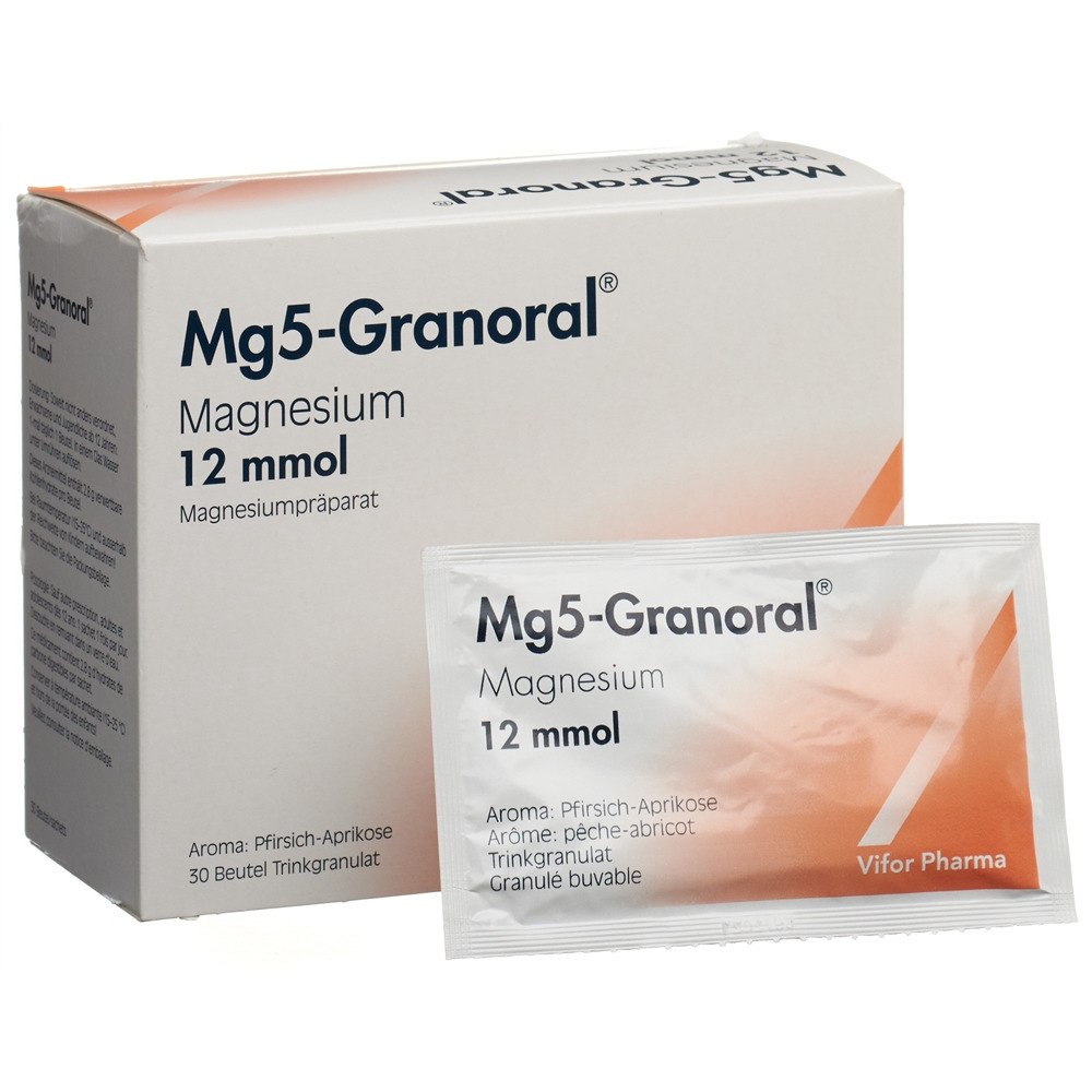 Mg 5-Granoral 12mmol arôme pêche-abricot, granulé buvable
