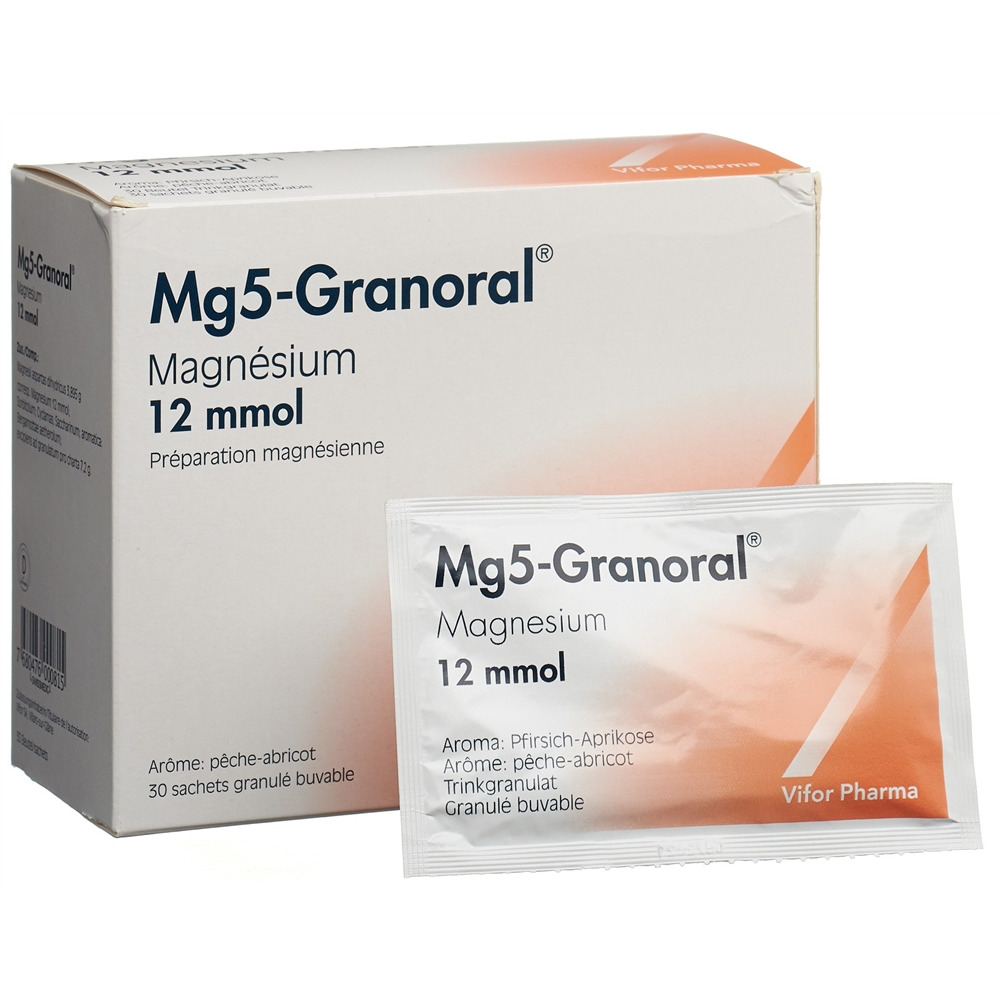 Mg 5-Granoral 12mmol arôme pêche-abricot, granulé buvable