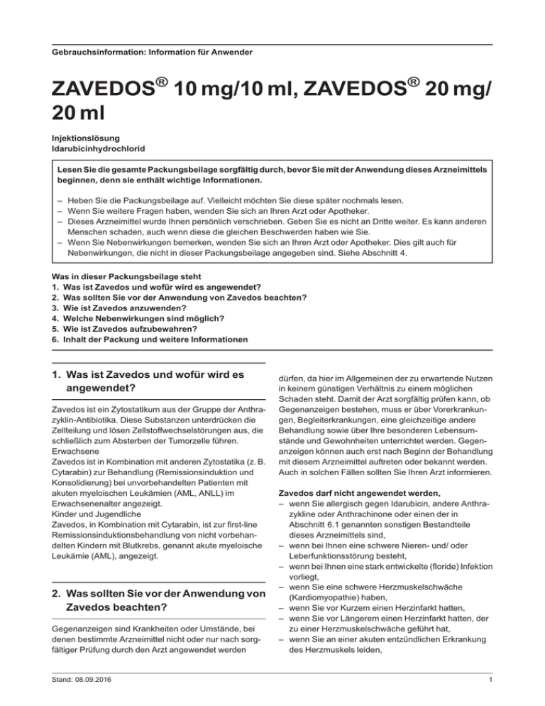Zavedos Solution 20 mg, Konzentrat zur Herstellung einer Infusionslösung