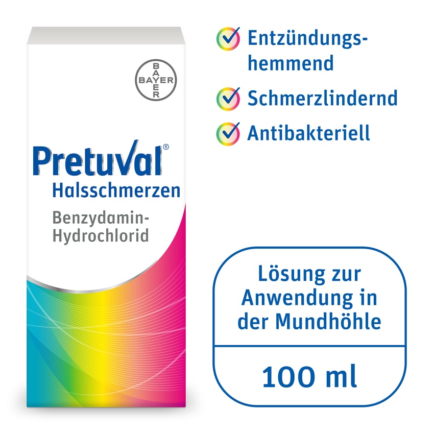 Pretuval Halsschmerzen, Lösung zur Anwendung in der Mundhöhle
