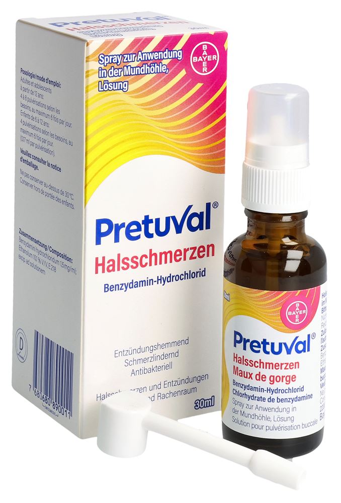 Pretuval Halsschmerzen, Spray zur Anwendung in der Mundhöhle