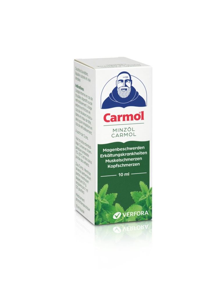 Huile de Menthe Carmol, Gouttes buvables, Liquide cutané et voie inhalée