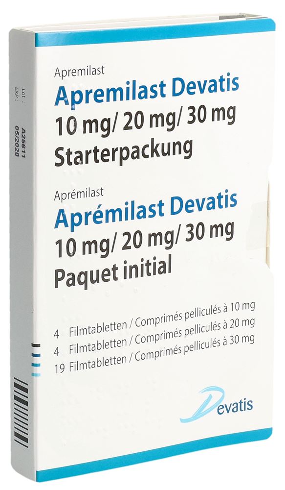 Apremilast Devatis emballage départ cpr pell 4x10,4x20,19x30mg, , Apremilast Devatis emballage départ cpr pell 4x10,4x20