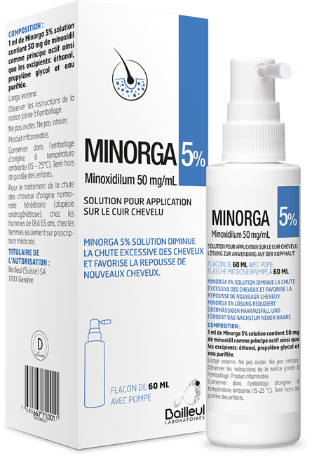 Minorga 5%, solution pour aplication cutanée