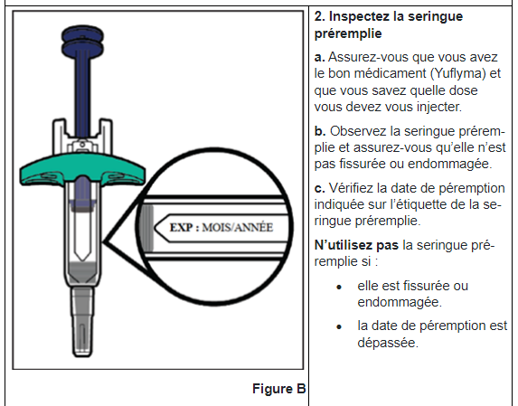 Yuflyma 40 mg, solution injectable en seringue préremplie avec protège-aiguille
