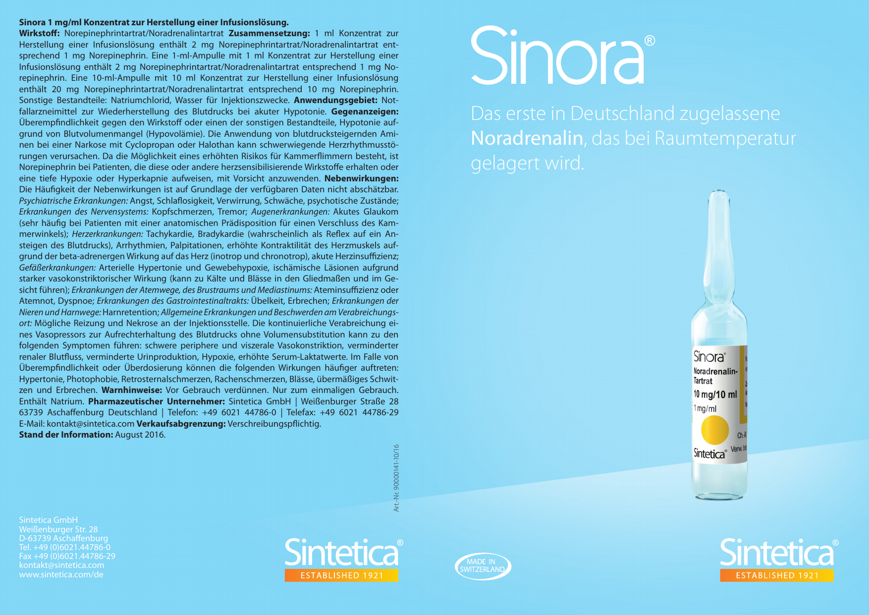 Noradrenalin Sintetica Ultradiluted 0,01 mg/ml, soluzione iniettabile o per infusione